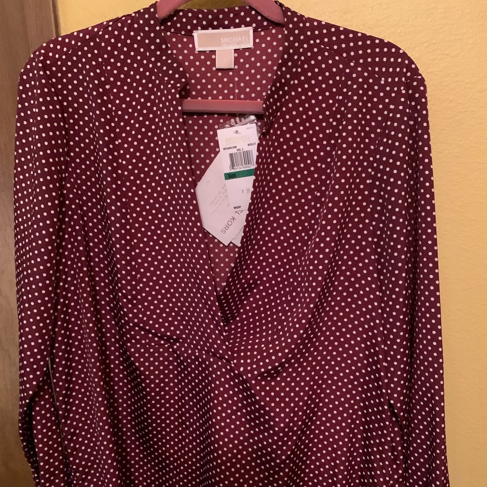 BNWT Michael Kors burgundy polka dots silky shirt